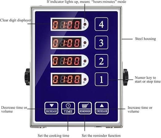 Commercial 4-Channel Kitchen Timer Restaurant Timer High Alarm Cooking Timer Stainless Steel Clear Display for Multiple Events