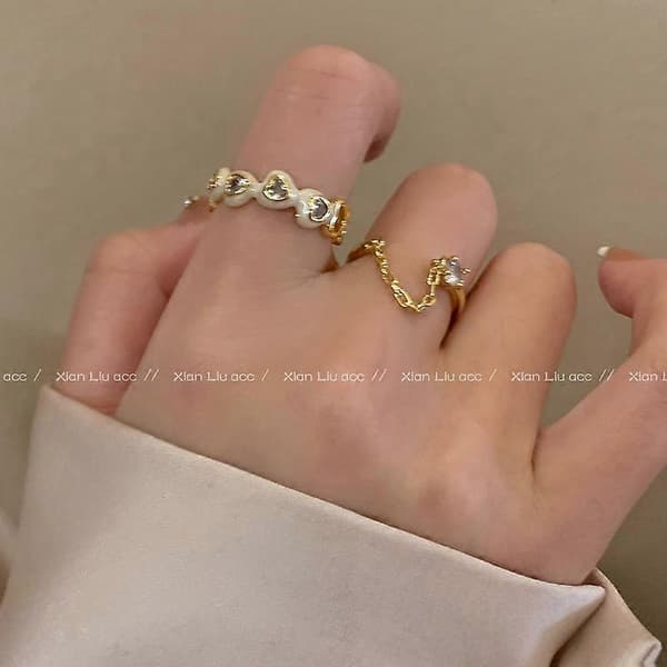 2 stk. vanndråpe zirkon edelsten kjede stablebar ring