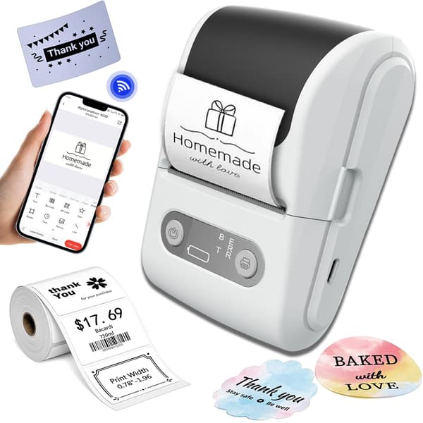 Bluetooth termisk printer, blækfri etiketprinter, bærbar mini lommeprinter til hjemmebrug, hvid