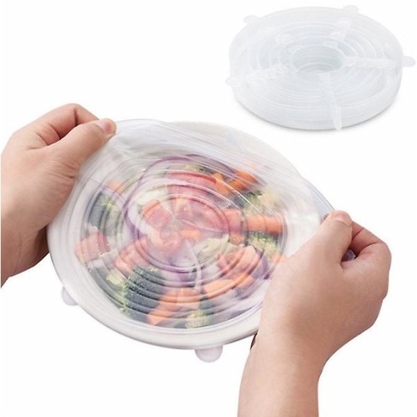 6-delt sett med hvite utvidbare silikonlokk for boller, tallerkener, krukker, mikrobølgeovn og ovn - BPA-fri og gjenbrukbar