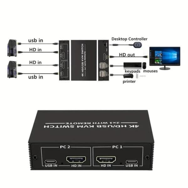 KVM-switch 2 til 1 HDMI 2.0 4K60Hz til PC, Xbox, PS5 og bærbar computer med 4xUSB-porte