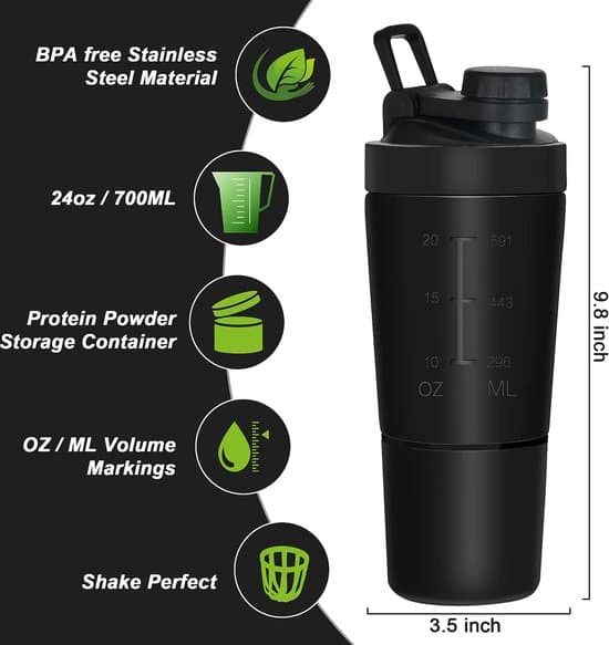 Proteinsheaker, rustfrit stål, 700 + 200 ml, proteinsheaker med pulverrum (rustfrit stål)