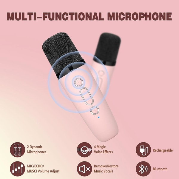Bärbar trådlös dubbelmikrofon karaokemaskin för barn med Bluetooth, Magic Voice Changer, LED-lampor och Hi-Fi-ljudkvalitet