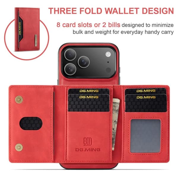 iPhone 17 Pro Max Lædercover DG.MING M2 Series 3-Fold Kortpung Röd