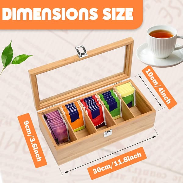 Bamboo Tea Organizer, Clear Acrylic Window for Easy Overview, Versatile Wooden Box with Adjustable Compartments for All Your Needs, Eco-Friendly
