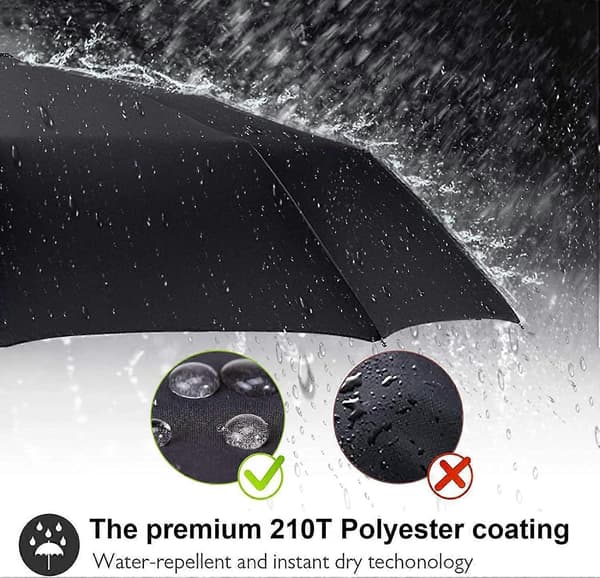 Umbrella Windproof Travel Compact, 12 Ribs Strong Folding Automatic Large Rain Umbrella with Teflon Coating, Wind Resistant with Leather Case