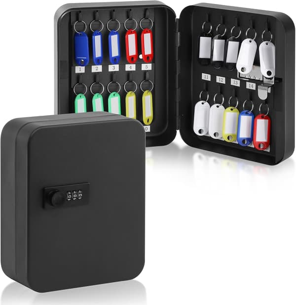 Key Storage Box with 20 Keys and Combination Lock, Wall Mounted Key Cabinet Organizer with Combination Lock, 20 x 16 x 7.5 cm, Black