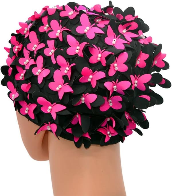 Vintage badehætte, blomstermønster, retrostil, rød rose