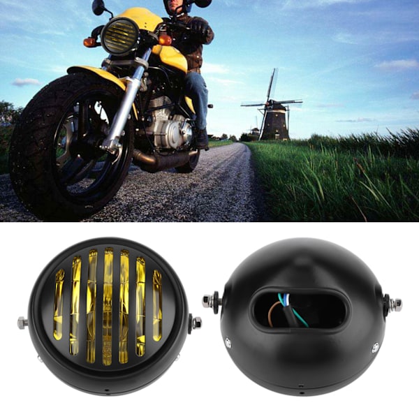 Universal Motorsykkel Retro Svart Skall Grill Deksel Frontlykt Gul Linse