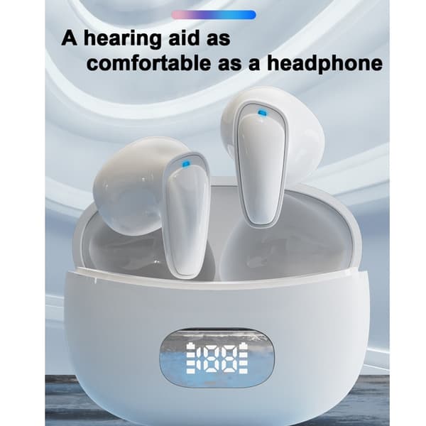 Høreapparat i øreproppform, forsterker lyd, gir klar lydkvalitet, er oppladbart (ingen Bluetooth-funksjon).