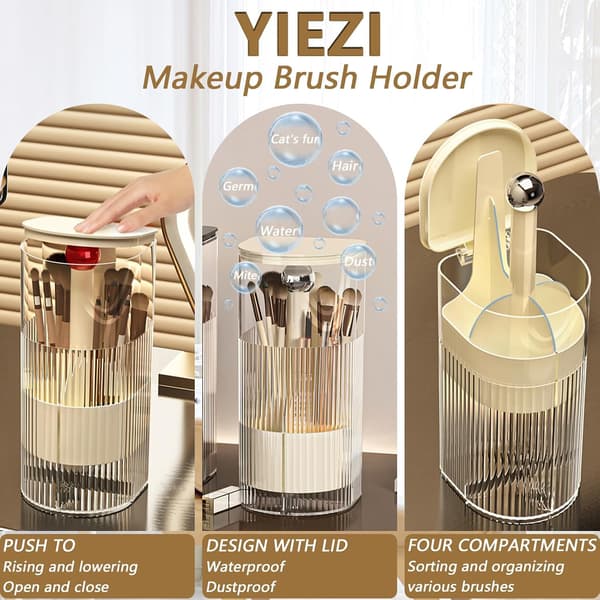 Makeup Brush Holder with Lid, with a One-Hand Push Button Opening for Easy Access to Makeup Tools.