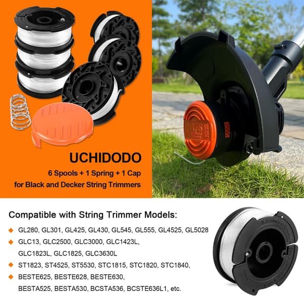 Trimmerlinjespole til Black & Decker trimmere, 6 trimmerlinjespoler med 1 dæksel og 1 fjeder