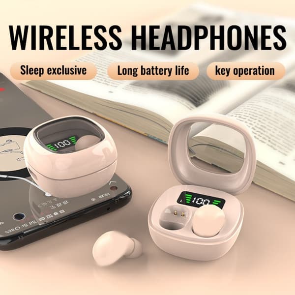 Usynlige Mini Søvnørepropper for Sidesovere, Ultrakomfortable og Fjærlette Bluetooth Søvnhodetelefoner, Bærbare Etui Øretelefoner (Beige)