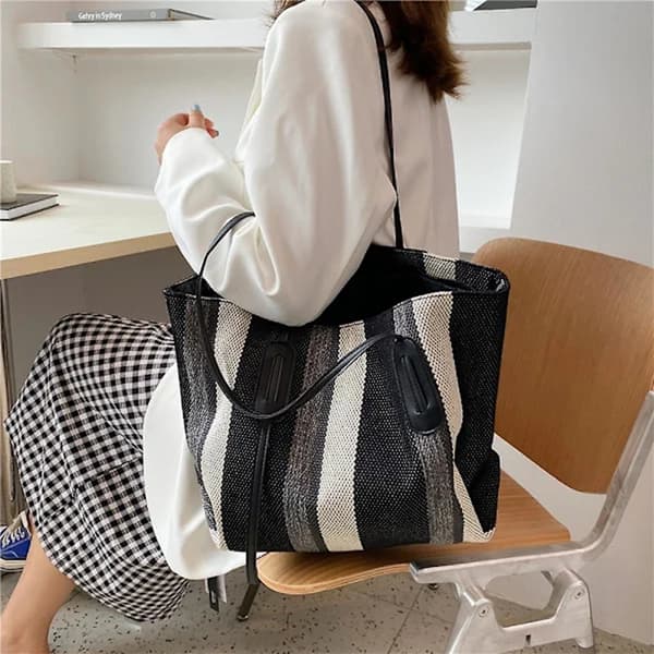 Lærredstasker til kvinder Skuldertaske Tote Bag Strandtaske Sort