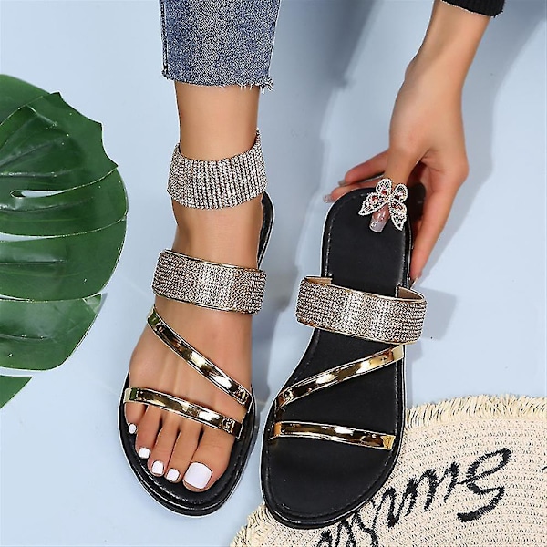 Glittrande sommar: Dam Sandaler med Strass40 Guld