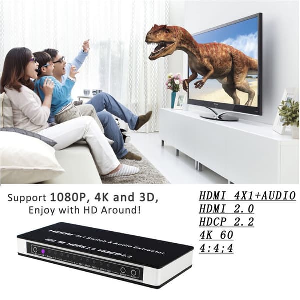 4x1 HDMI-switch og lydsplitter UHD 4K 3D HDMI 2.0 ARC Toslink+RCA