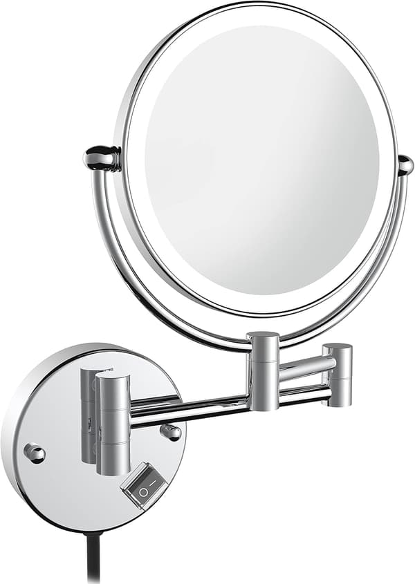 Double-Sided Magnifying Makeup Mirror Wall-Mounted LED Waterproof Mirror 360 Degree Rotation - 6 Inch Silver
