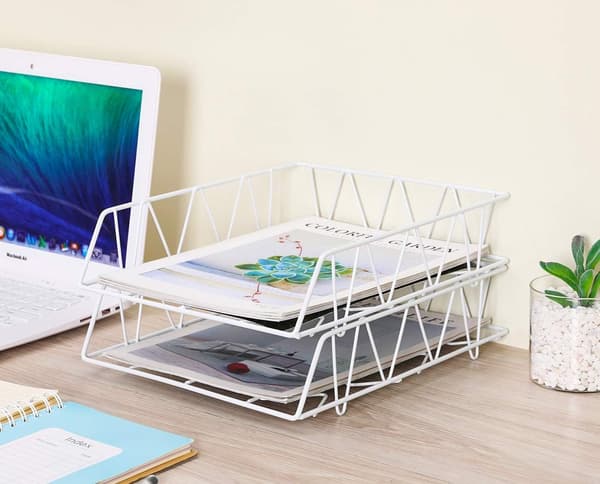 2-Tier A4 Letter Trays Metal Stackable Office Desk Organization Shelf File Holder Magazine Rack Paper Organizer White White