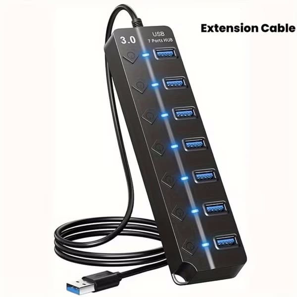 USB 3.0 Hub med 7 porte og LED-strømafbryder og forlængerkabel til MacBook, Mac Pro, Mac Mini, iMac, Surface Pro, XPS, PC