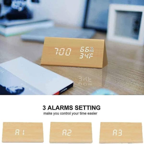 LED digital väckarklocka med 3 inställningar, våt temperatur och elektronisk träklocka