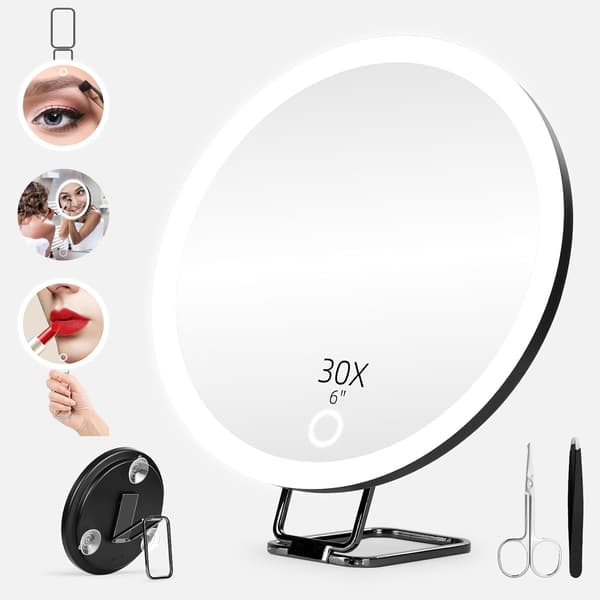30x Magnifying Glass with Light, 6-inch Makeup Magnifying Mirror with 3 Suction Cups and 360° Adjustable Stand, includes Tweezers and Scissors.