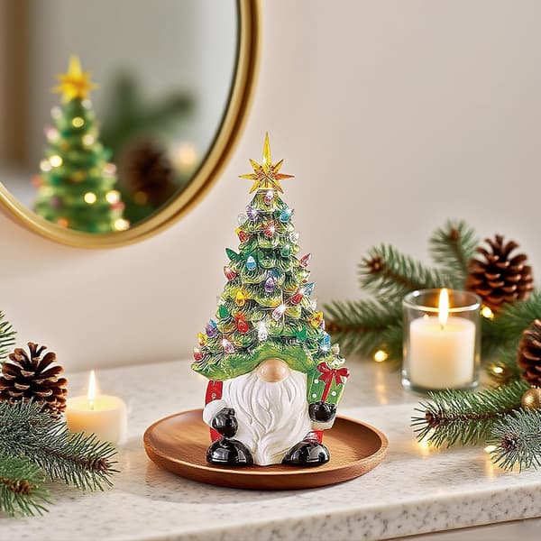 Illuminated Gnome Christmas Tree Decoration, 8-inch Mini Ceramic Gnome Christmas Tree, Small Standing Christmas Tree Gnome Decorations for Home Office and Table