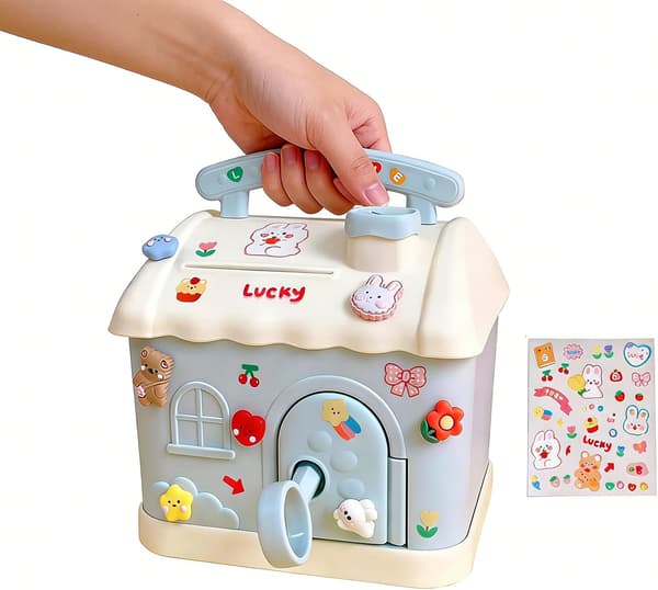 Creative Cartoon Style Piggy Bank - Cute Little House Design - Blue [Includes Two Random Stickers]