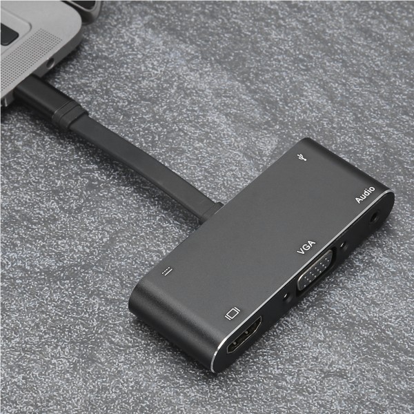 Laajennusadapteri 5 in 1 TypeC HDMI VGA Audio Output Virtalähde Monitoiminen Musta (Musta)