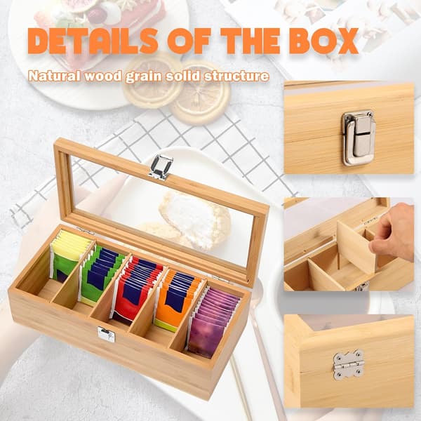 Bamboo Tea Organizer, Clear Acrylic Window for Easy Overview, Versatile Wooden Box with Adjustable Compartments for All Your Needs, Eco-Friendly