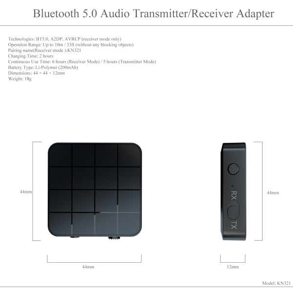 Bluetooth 5.0 sender/modtager, Bluetooth 5.0 lydmodtager/sender, 2-i-1 AUX Bluetooth-adapter