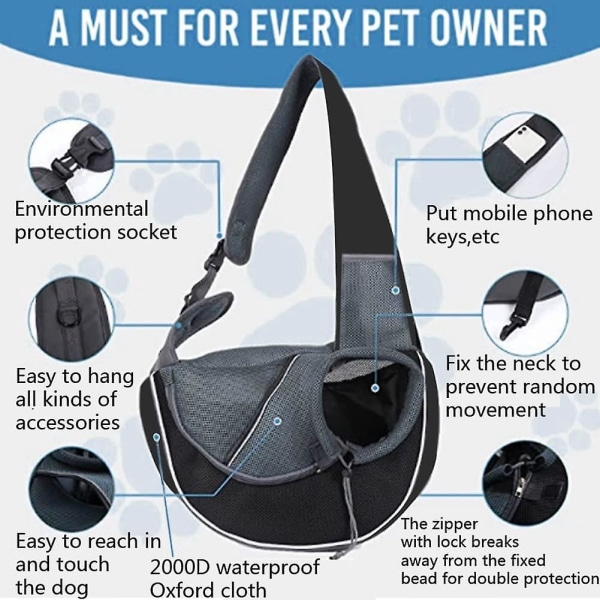 Bærbar sort hundebærer: Justerbar skuldertaske til små kæledyr, åndbar og komfortabel med lomme til udendørs rejser