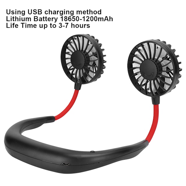 Pelikäyttöön sopiva handsfree-tuuletin, USB-ladattava, kaulaan ripustettava tuuletin, 3 säädettävää nopeutta (Musta)