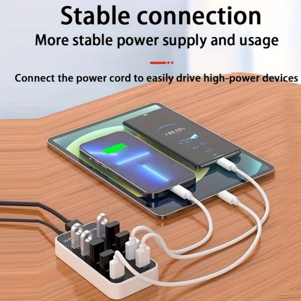 10-portars USB 3.0-hub, universell USB 3.0-expansionsadapter för bärbara datorer. USB-hubben stöder 5 Gbps höghastighetsdataöverföring
