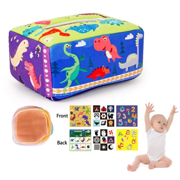 Baby 6 månader Montessori Toy Tissue Box Sensorisk leksak med 10 färgade vävnader & 3 Crinkle Tissues Montessori Toys (blå)
