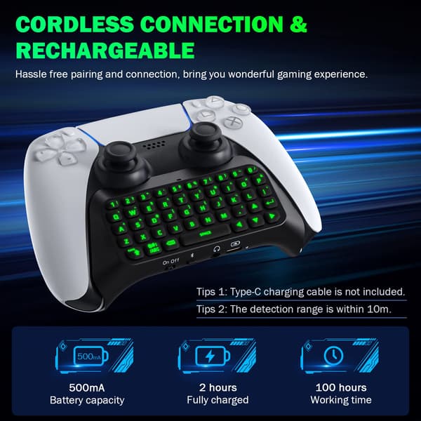 Keyboard for PS5 Controllers with Green Backlight, Bluetooth Wireless Mini Keyboard Chat Board 0.15
