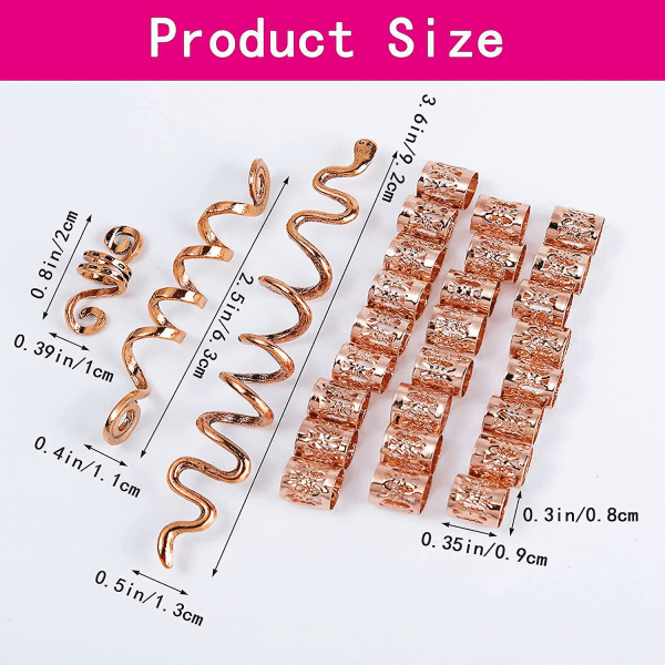 28pcs Rose Gold Hair Spiral Jewelry Viking Style Adjustable Hair Cuffs Beard Hair Tube Beads Metal Dreadlocks Viking Hair Beads Spiral Coils For Men