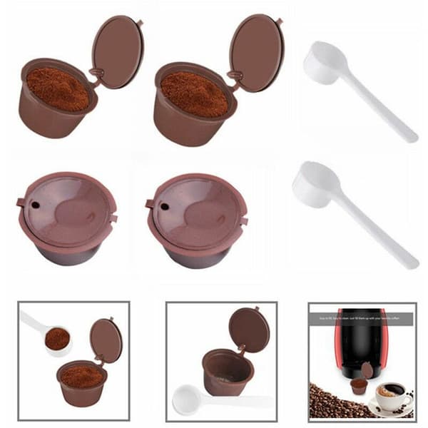 4 stk Dolce Gusto Kaffekapsler – gjenbrukbare påfyllbare kopper med 2 skjeer – kaffe