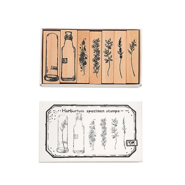 Vintage trä gummistämpel set - 7 delar i naturlig växtlåda