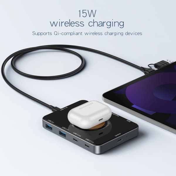 15W trådløs opladningsdock med 10 udvidelser, multifunktionel computerhub-splitter