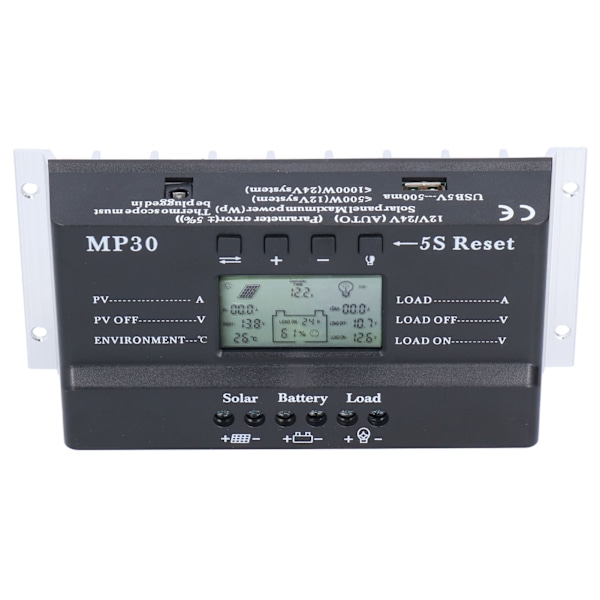 Solcellelader 30A 12/24V LCD-skjerm Bakgrunnsbelysning Kretsbeskyttelse USB-port MPPT PWM Batteriregulator