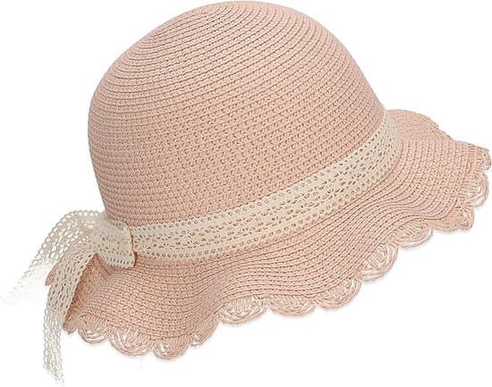 Blondestråhatt - trendy hatt med bølget brem og blondebånd - solhatt for jenter UV-beskyttelse 50+ hatt hodeplagg for spedbarn og barn strandhatt