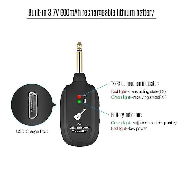 Gitarr Trådlöst överföringssystem Elgitarr Trådlös Pickup Trådlös Transceiver A8 Guitar Wireless Receiver
