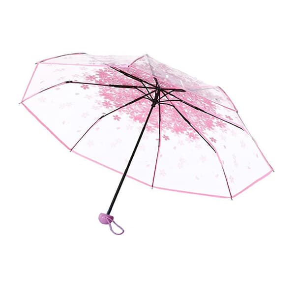 Stylish Transparent Umbrella - Pink Cherry Blossom Print, Transparent, Tri-fold, Manual Open