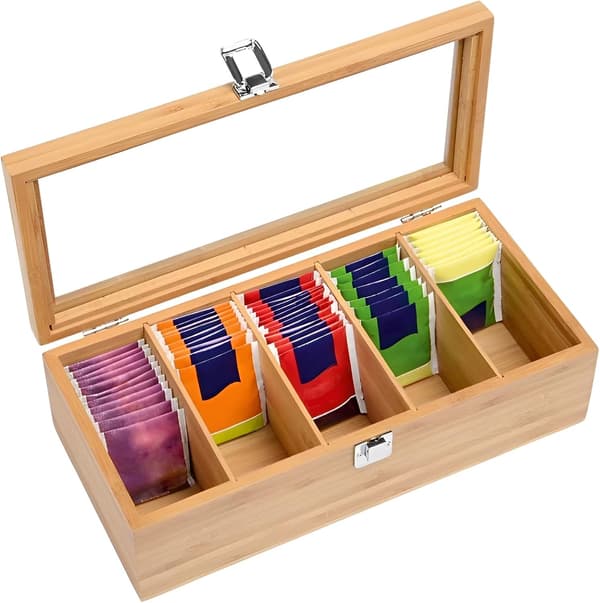 Bamboo Tea Organizer, Clear Acrylic Window for Easy Overview, Versatile Wooden Box with Adjustable Compartments for All Your Needs, Eco-Friendly