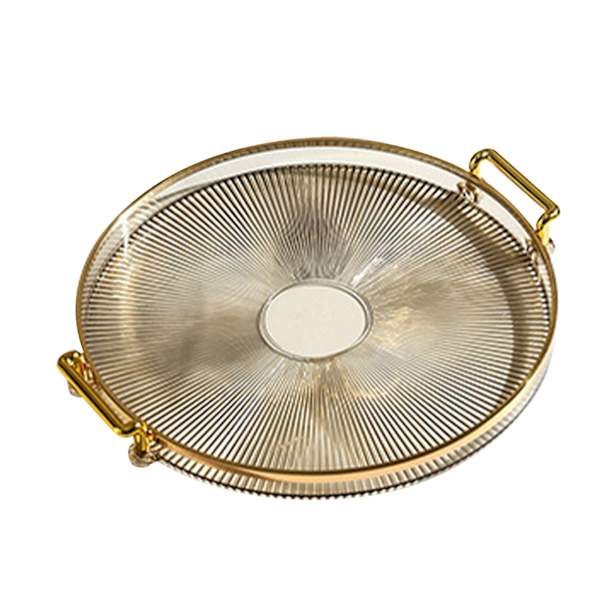 Rund Bakke med Håndtag Multifunktionel Transparent Rund Serveringsbakke til Brød Frugt Dessert Snack Køkken Badeværelse Amber Guld