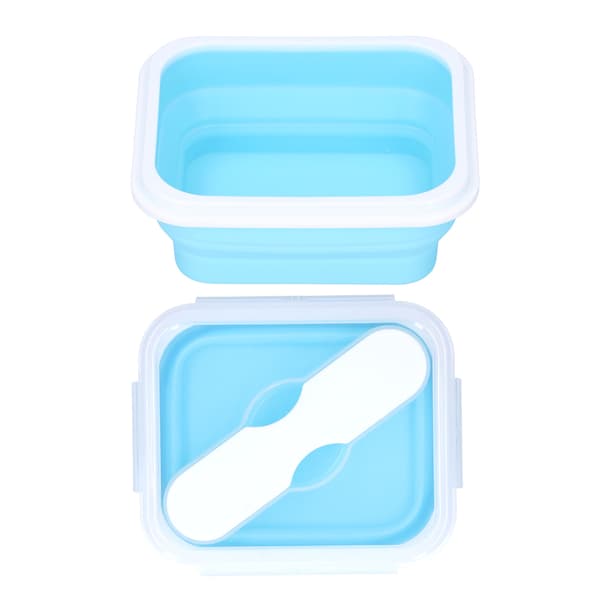 Silicone Insulation Box Portable Lunch Box with Integrated Fork Spoon for Office School Water Blue 600ML 0.3