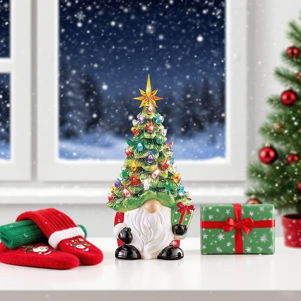 Illuminated Gnome Christmas Tree Decoration, 8-inch Mini Ceramic Gnome Christmas Tree, Small Standing Christmas Tree Gnome Decorations for Home Office and Table