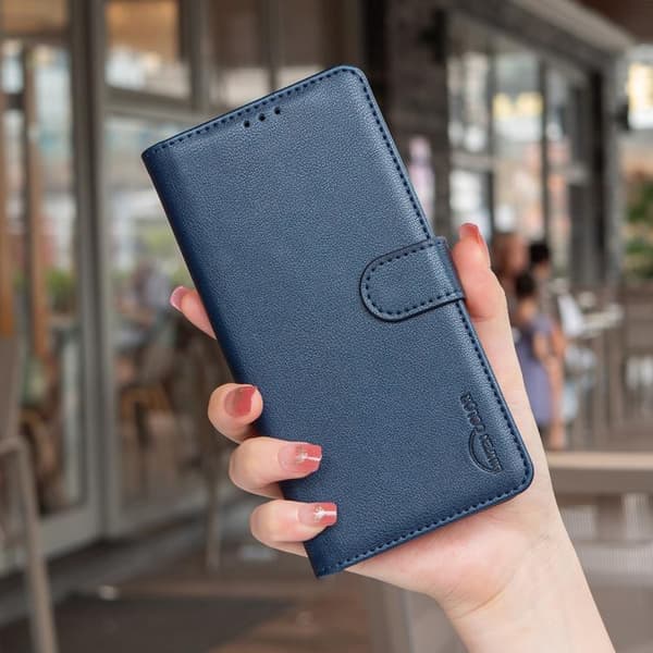 iPhone 17 Pro-deksel i lær med litchi-tekstur og RFID-tyverisikring Blå