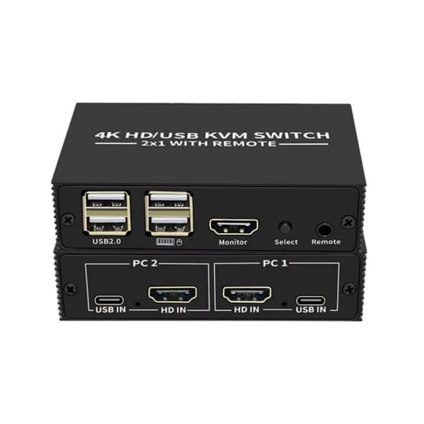 KVM-switch 2 til 1 HDMI 2.0 4K60Hz til PC, Xbox, PS5 og bærbar computer med 4xUSB-porte