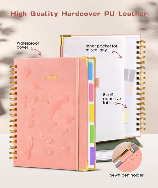 Notebook - Spiral Bound, Leather Cover - 300 Pages - 5-Section Layout - (10 x 8.07 inches) - Lined - Pink Pink